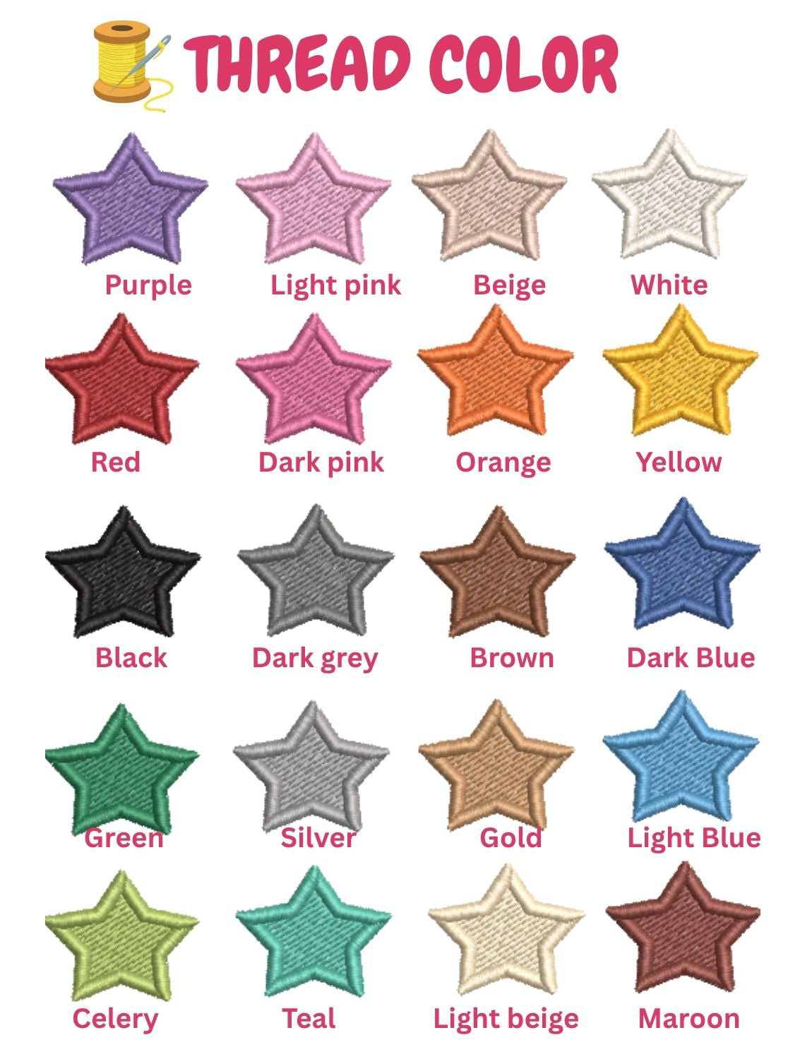 a collection of 16 different colored stars, each with a corresponding color name written below it.