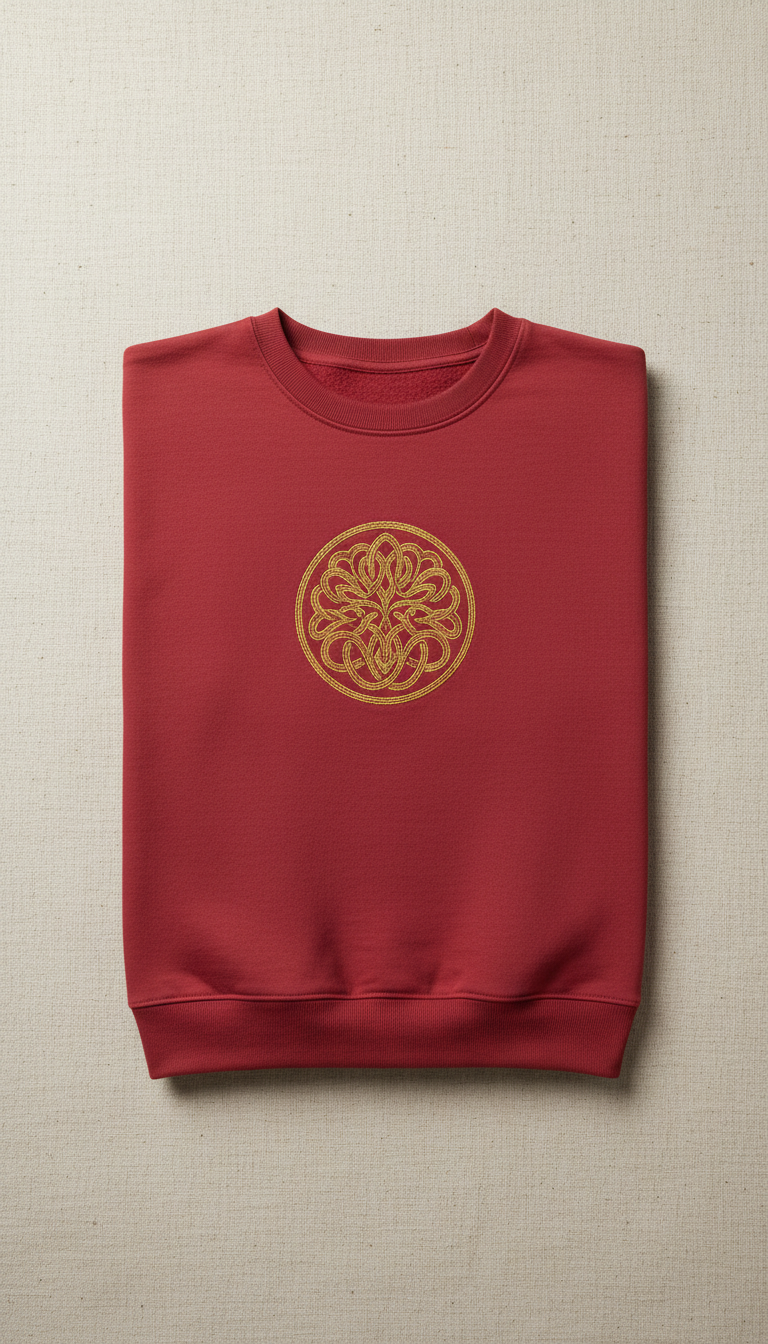 Red Sweatshirt with Gold Embroidered Motif